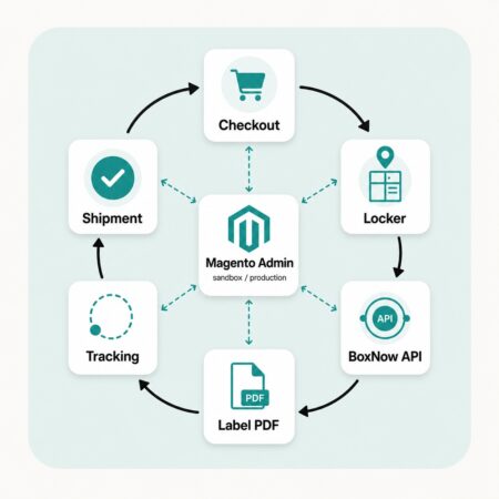 BoxNow για Magento 2 - ροή checkout, επιλογή θυρίδας, BoxNow API, label PDF, tracking και shipment